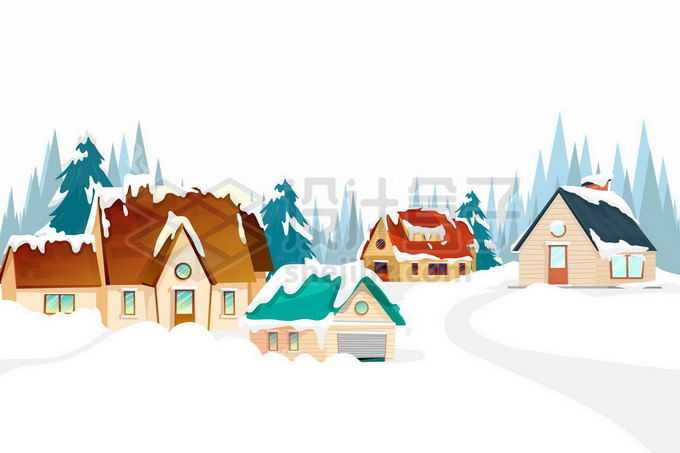 冬天被大雪覆盖的小村庄的房子卡通风景9288962矢量图片免抠素材