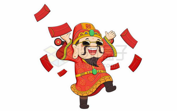 戴着墨镜的卡通财神爷正在发红包雨4551086矢量图片免抠素材 人物素材-第1张