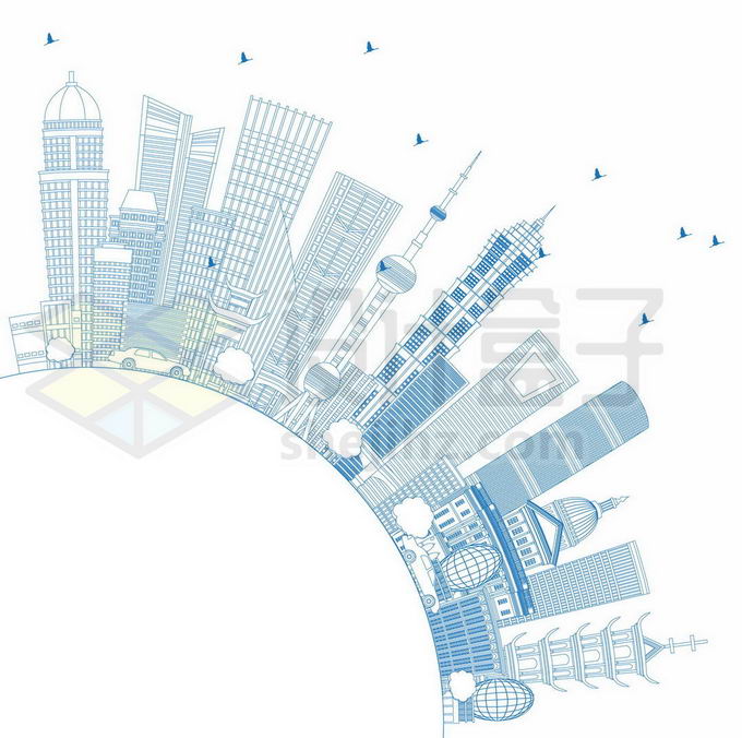 蓝色线条上海地标建筑环形城市图案上海旅游插画5280279矢量图片免抠素材 建筑装修-第1张
