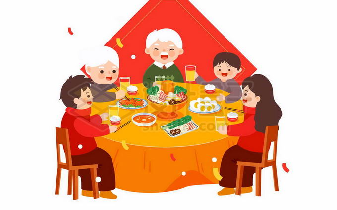 除夕夜一家人围坐在大圆桌前吃年夜饭5400118矢量图片免抠素材 节日素材-第1张