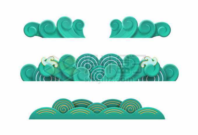 3款3D立体中国风绿色海浪波浪浪花图案9718191矢量图片免抠素材