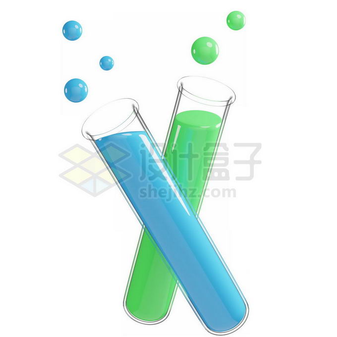 透明试管中的蓝色绿色液体和液滴化学实验仪器3D模型5930196PSD免抠图片素材 科学地理-第1张