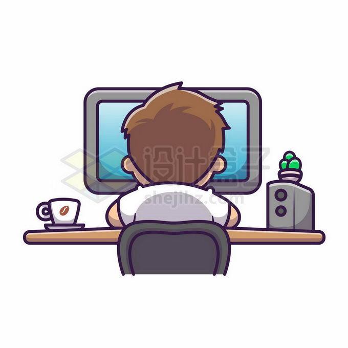 卡通男人坐在电脑面前工作背影矢量图片免抠素材 设计盒子