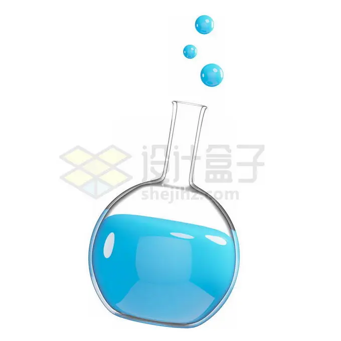 透明烧瓶中的蓝色液体和液滴化学实验仪器3D模型9860055PSD免抠图片素材 科学地理-第1张