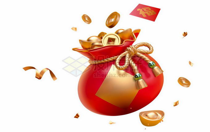 3D风格红色福袋钱袋子中装满了金币金元宝新年春节装饰7585921矢量图片免抠素材