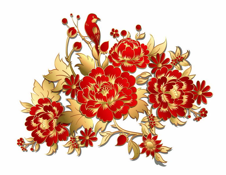 中国风红色金色牡丹花和小鸟插画8577310矢量图片免抠素材 生物自然-第1张