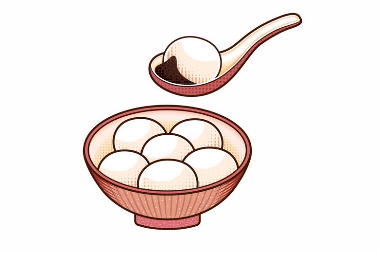 勺子和一碗芝麻糖汤圆元宵节美食插画5114962矢量图片免抠素材 生活素材-第1张