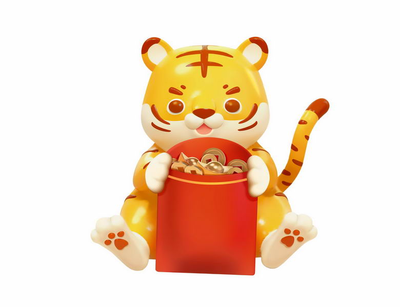 3D卡通老虎抱着红包里面满满的金币虎年3D模型3113370矢量图片免抠素材 节日素材-第1张