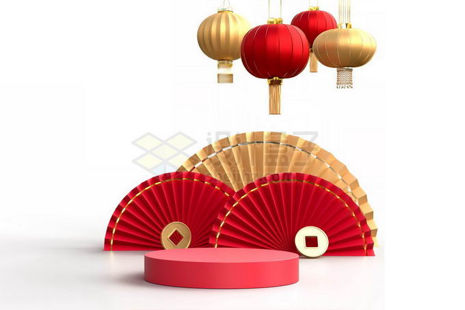 新年春节红色金色灯笼折纸扇圆形展台3d模型psd免抠图片素材 设计盒子