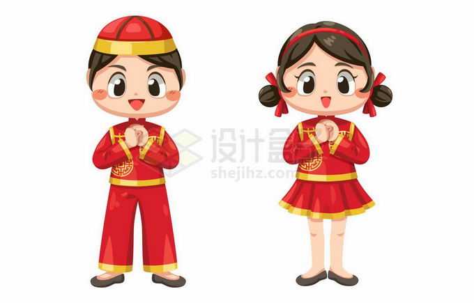 拱手的恭喜发财身穿新年春节衣服的卡通男孩女孩7499460矢量图片免抠素材