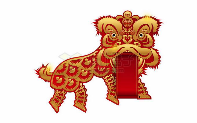新年春节金色红色舞狮子图案和卷轴9798801矢量图片免抠素材 节日素材-第1张
