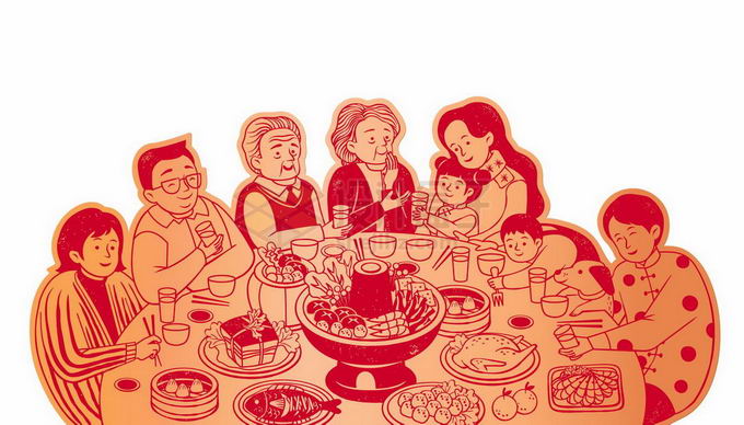 春节除夕夜一家人坐在圆桌前吃团圆饭手绘插画3648061矢量图片免抠