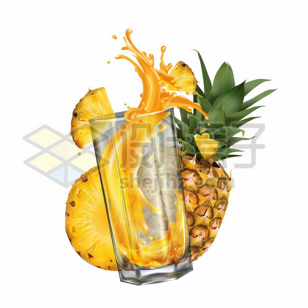 切开的菠萝和玻璃杯中的菠萝汁美味果汁9984859矢量图片免抠素材 生活素材-第1张