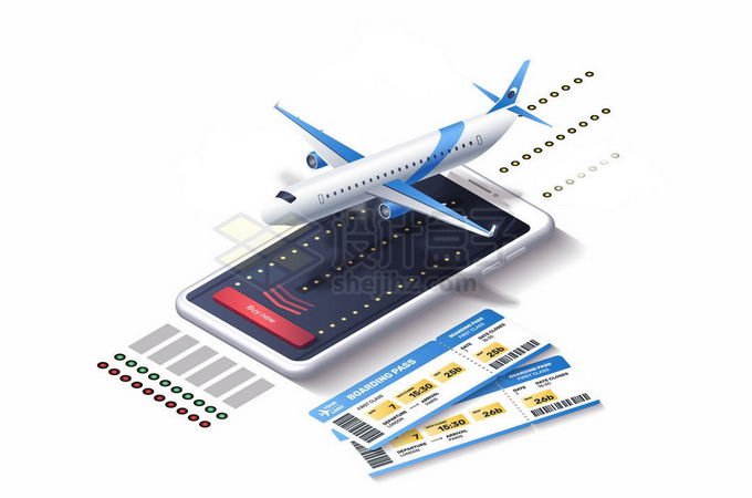 在手机上起飞的大型客机和飞机票象征了手机订票6423204矢量图片免抠素材 交通运输-第1张