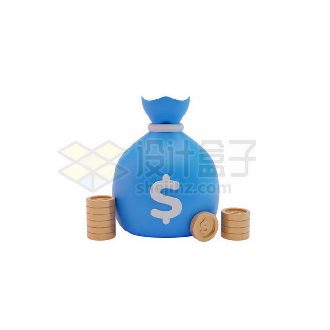 卡通蓝色钱袋子和金币3D模型8299999PSD免抠图片素材 金融理财-第1张