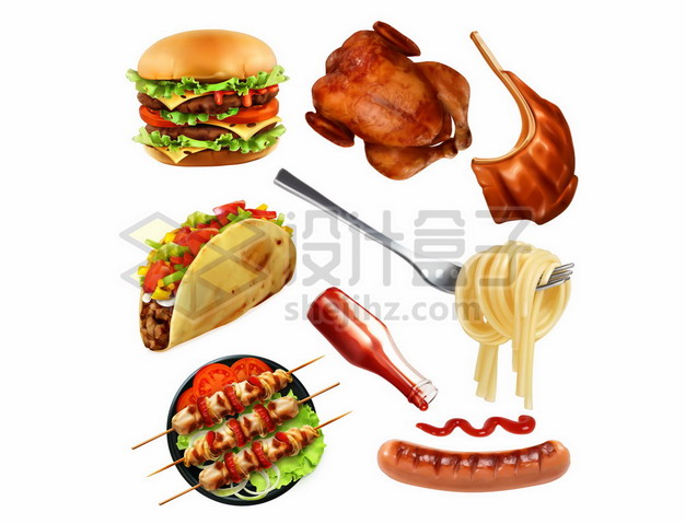 汉堡包烤鸡牛排烤肉串面条番茄酱烤肠等美味美食9919212矢量图片免抠素材 生活素材-第1张