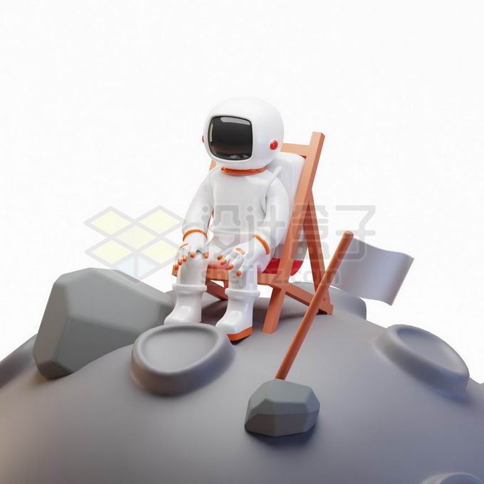 身穿白色宇航服的卡通宇航员搬把椅子坐在外星球上3D人物模型9124544PSD免抠图片素材 人物素材-第1张