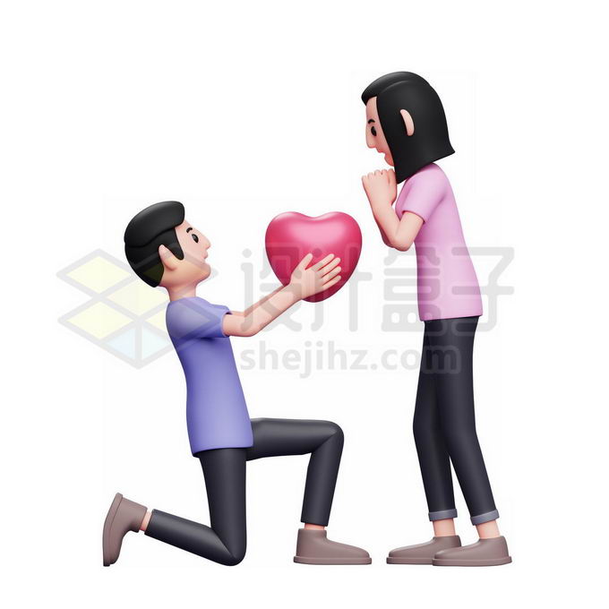 卡通男孩半跪着向女朋友求婚献爱心示爱情人节3D模型4511978矢量图片免抠素材 人物素材-第1张