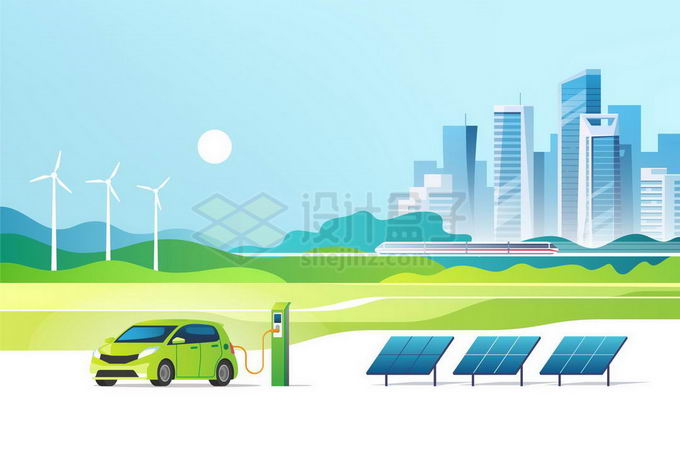 风力发电机太阳能发电等清洁能源和电动汽车8725757矢量图片免抠素材 工业农业-第1张