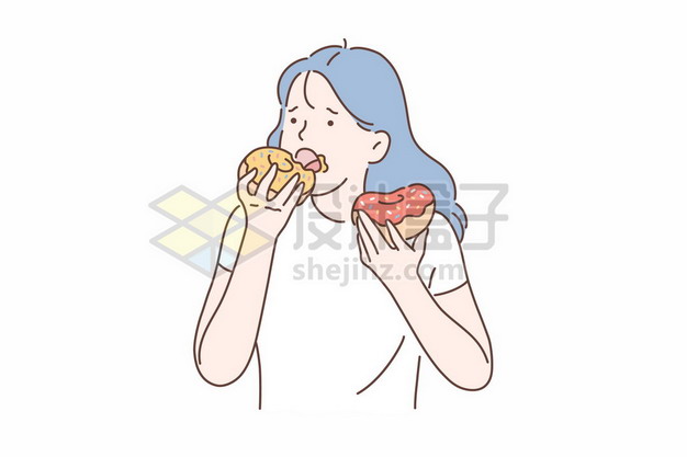 卡通女孩正在吃甜甜圈暴饮暴食手绘线条插画2375616矢量图片免抠素材 生活素材-第1张