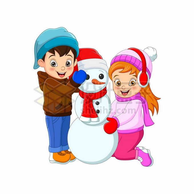 冬天里卡通小男孩小女孩正在堆雪人2168189矢量图片免抠素材 休闲娱乐-第1张