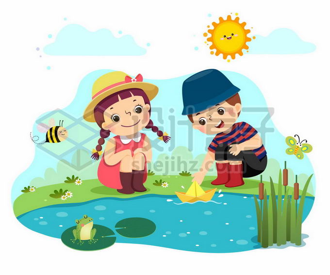 卡通太阳下在香蒲池塘边玩纸船的卡通男孩女孩童年快乐时光7675758