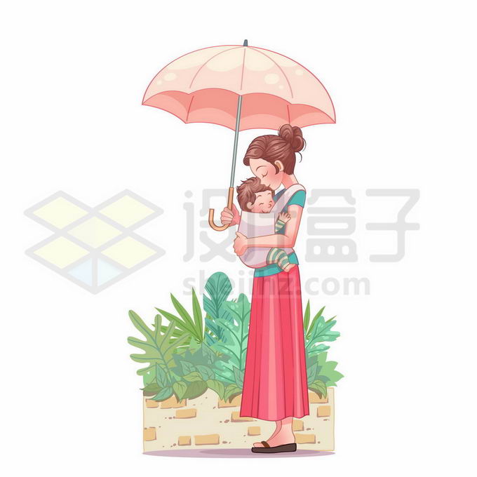 卡通妈妈抱着宝宝撑着雨伞遮风挡雨母亲节插画9274282矢量图片免抠素材 人物素材-第1张