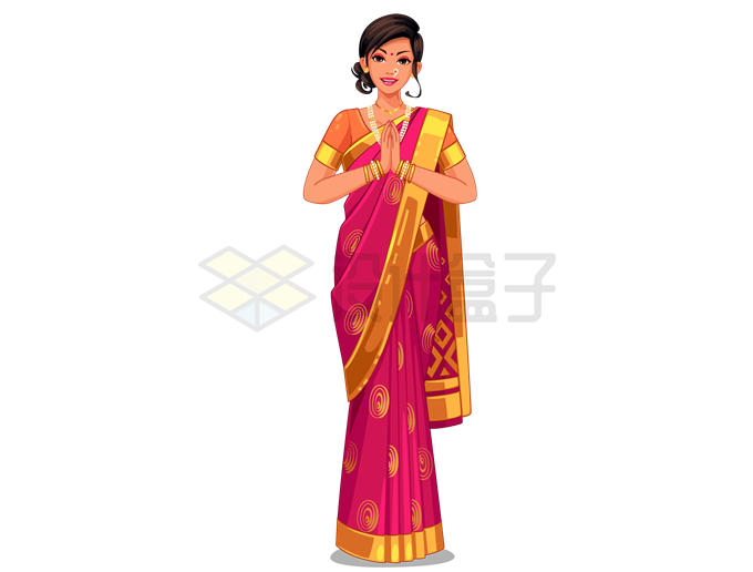 身穿纱丽印度传统服饰双手合十的卡通印度美女3934445矢量图片免抠素材 人物素材-第1张