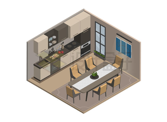 2.5D风格棕色装修风格开放式厨房和餐桌4350883矢量图片免抠素材 建筑装修-第1张