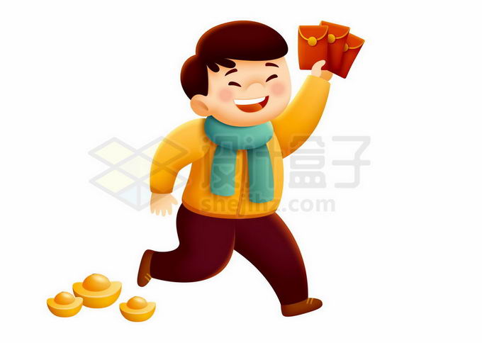 身穿传统服饰的年轻人开心的拿着新年春节红包插画5582758矢量图片免抠素材 节日素材-第1张
