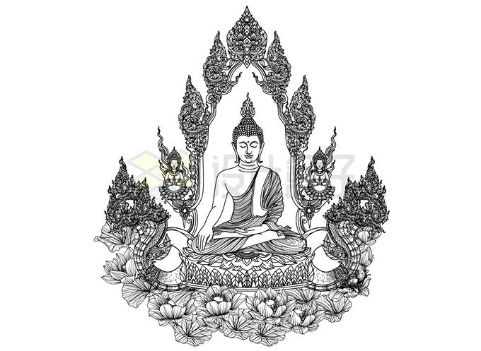 佛祖坐在莲花宝座上佛教宗教线条插画2679016矢量图片免抠素材