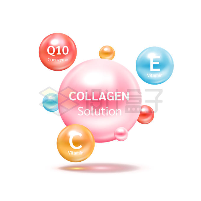维生素C辅酶Q10和胶原蛋白溶液营养液滴3D小球有助于骨骼生长8422287矢量图片免抠素材 健康医疗-第1张