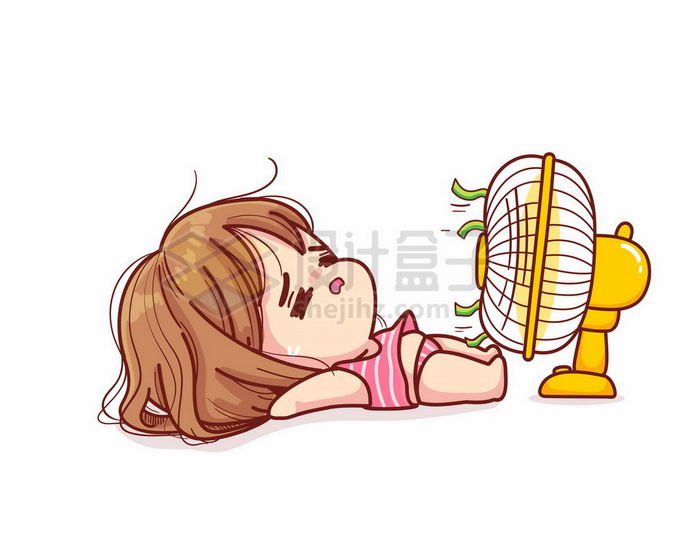 夏天天热吹电风扇的超可爱卡通小美女3555011矢量图片免抠素材 休闲娱乐-第1张