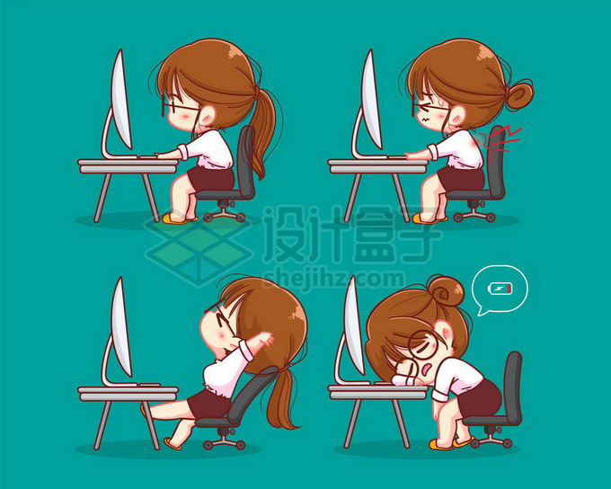 4款超可爱卡通小美女在电脑面前工作腰背疼休息和趴着睡觉1563414矢量图片免抠素材 人物素材-第1张