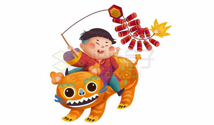 卡通小童坐在老虎身上拿着鞭炮新年春节插画3480375矢量图片免抠素材 节日素材-第1张