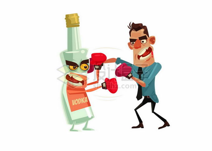 卡通男人商务人士和酒瓶打架象征酒鬼要戒酒了1874230矢量图片免抠素材 人物素材-第1张