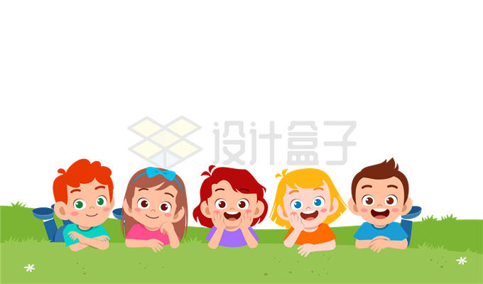5个卡通小孩儿童趴在青青草地上儿童节配图6001316矢量图片免抠素材 人物素材-第1张