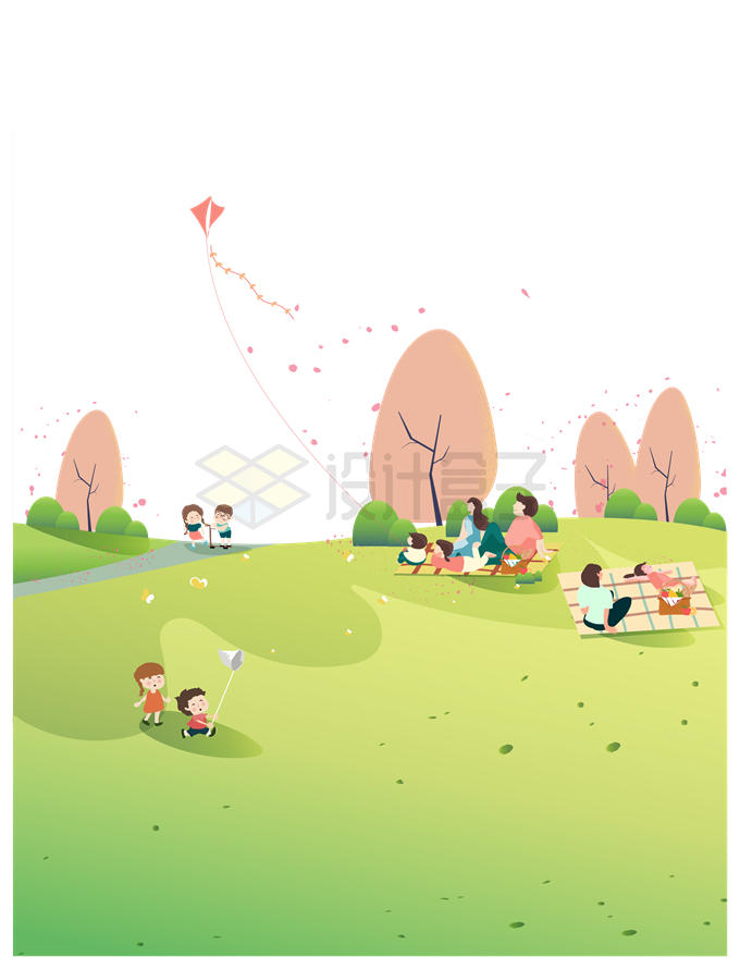 草地上郊游春游踏青放风筝野餐的人群插画8008915矢量图片免抠素材