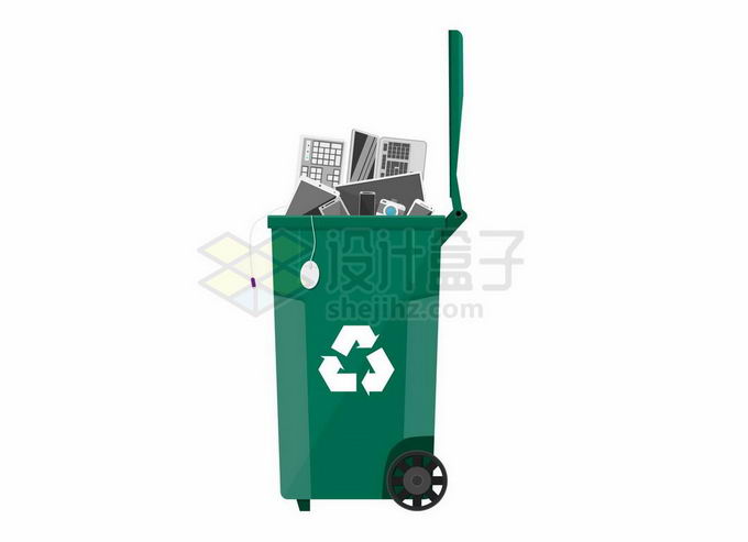 绿色的垃圾桶中装满了各种电子垃圾6395876矢量图片免抠素材 生活素材-第1张