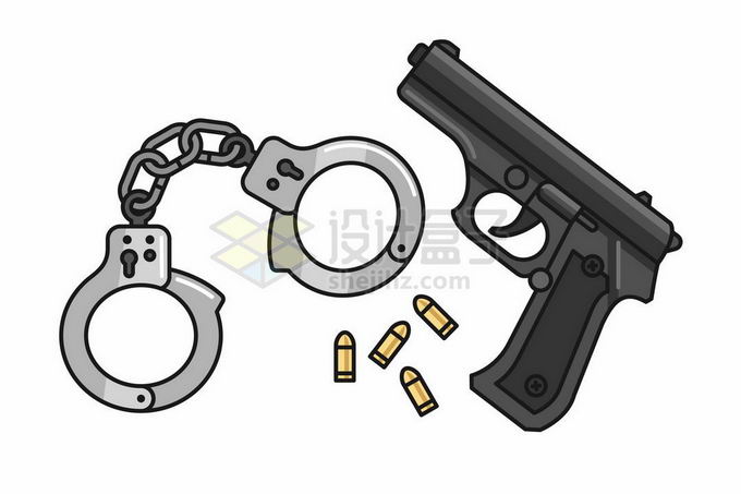 一把手铐和手枪以及几颗子弹象征了对犯罪分子的惩罚9978256矢量图片免抠素材 党建政务-第1张