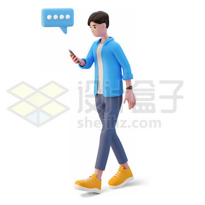 卡通年轻人低头族一边走路一边看手机3D人物模型6604099PSD免抠图片素材 人物素材-第1张