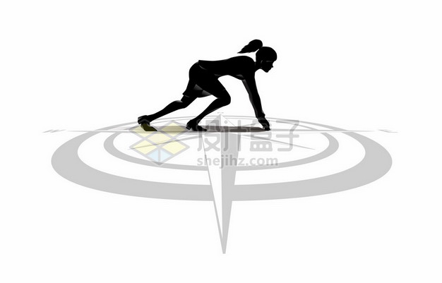 起跑姿势的女性人物剪影站在指南针图案上1439166矢量图片免抠素材 商务职场-第1张
