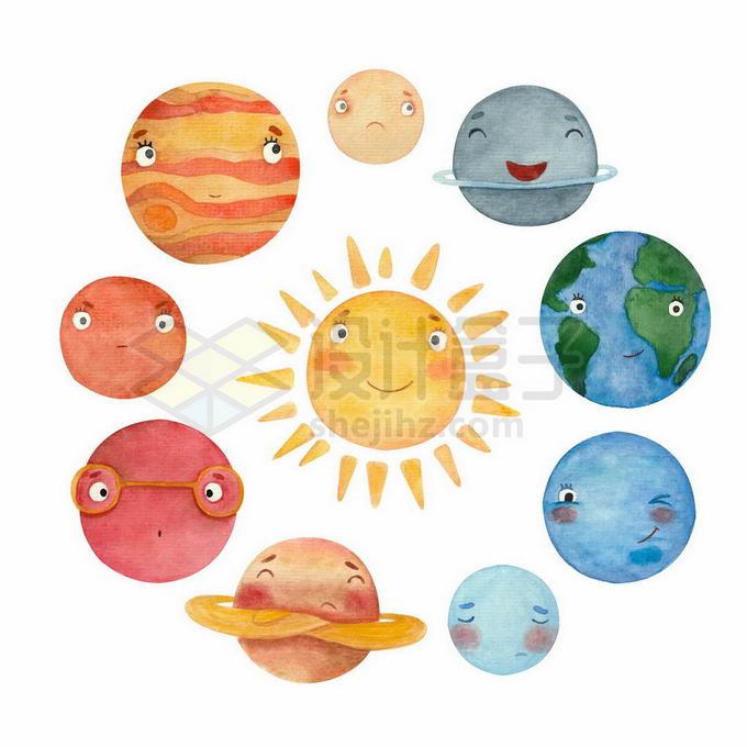 卡通太阳和太阳系九大行星示意图水彩画1873968矢量图片免抠素材 科学地理-第1张