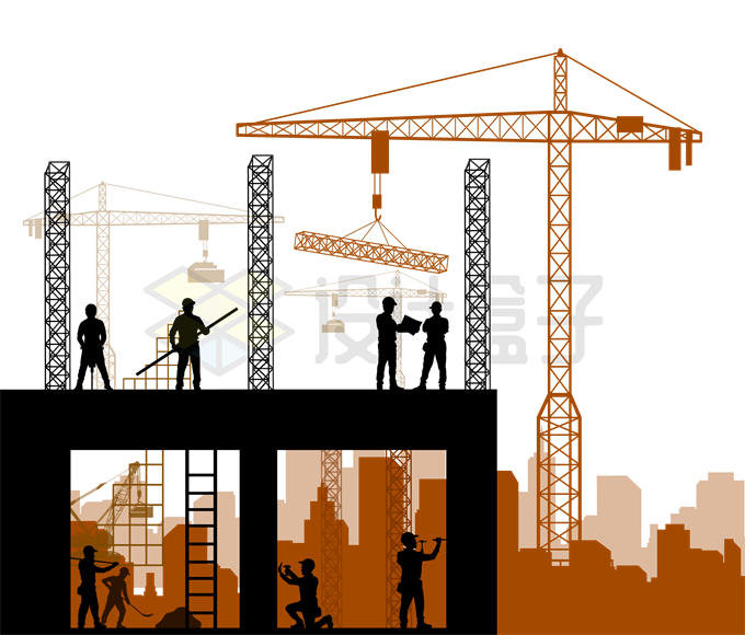 五一劳动节建筑工地塔吊上忙碌的建筑工人剪影7173752矢量图片免抠素材 建筑装修-第1张