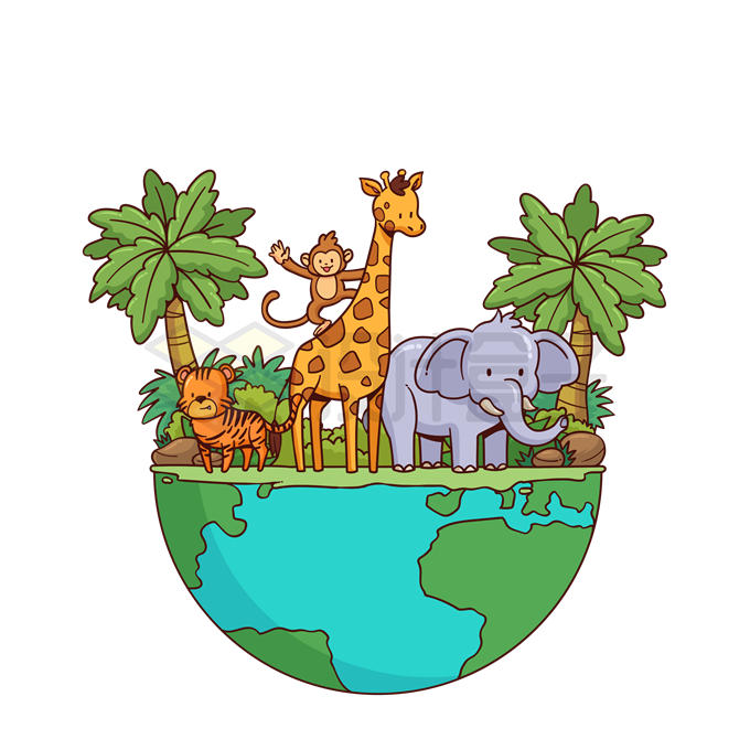 半个卡通地球上的老虎长颈鹿大象国际生物多样性日插画8615076矢量
