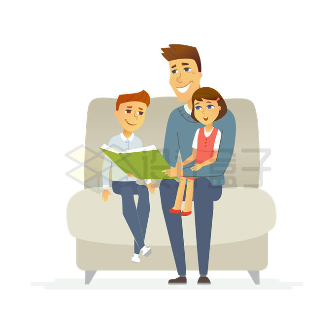 卡通爸爸抱着孩子坐在沙发上一起阅读朗读看书讲故事1425884矢量图片免抠素材 休闲娱乐-第1张