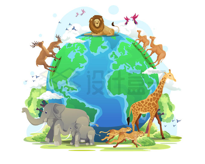 大象长颈鹿猎豹狮子等野生动物和地球国际生物多样性日插画3022453矢量图片免抠素材 生物自然-第1张