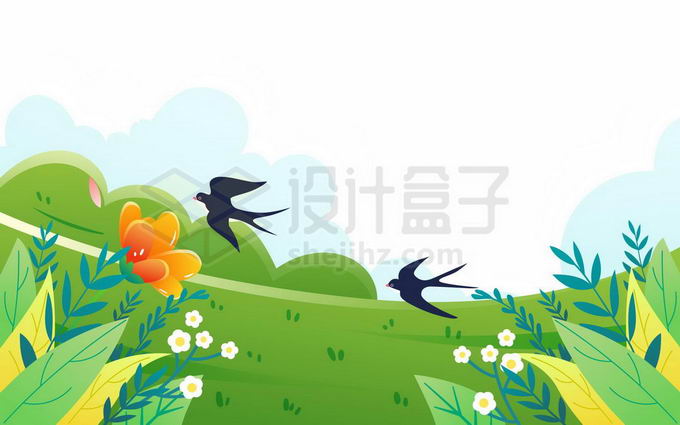 春天青青草地和飞舞的燕子风景插画4252374矢量图片免抠素材 生物自然-第1张