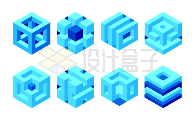 8款2.5D风格蓝色立方体立方块形状5948819矢量图片免抠素材 线条形状-第1张