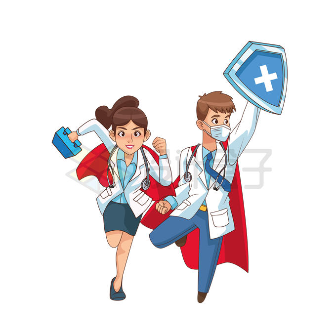 两个身穿超人披风的卡通医生奔跑在疫情中1393836矢量图片免抠素材 健康医疗-第1张